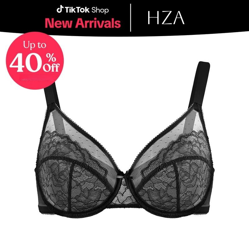 HZA Unlined Floral Lace Minimizer Bra - Supportive Underwire, No Padding, and Effortless Lift
