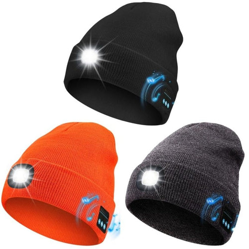 Unisex Bluetooth Beanie with 4 LED Lights & Cordless Headphones – USB Rechargeable Knit Hat