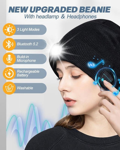 Unisex Bluetooth Beanie with 4 LED Lights & Cordless Headphones – USB Rechargeable Knit Hat
