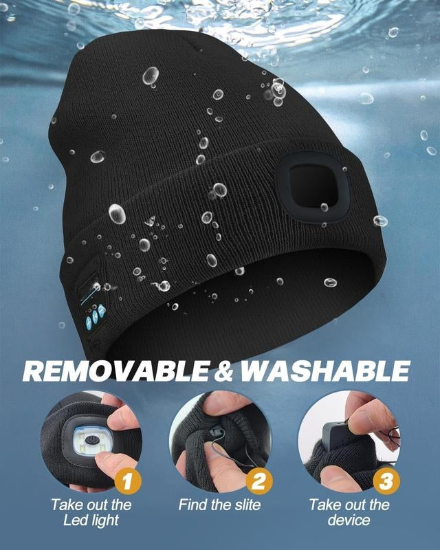 Unisex Bluetooth Beanie with 4 LED Lights & Cordless Headphones – USB Rechargeable Knit Hat