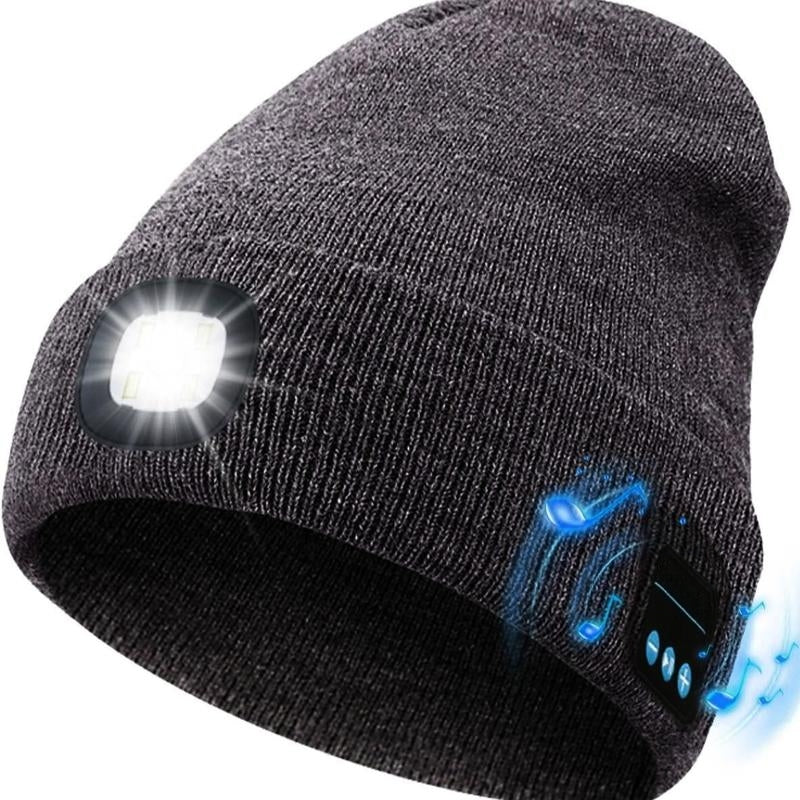 Unisex Bluetooth Beanie with 4 LED Lights & Cordless Headphones – USB Rechargeable Knit Hat